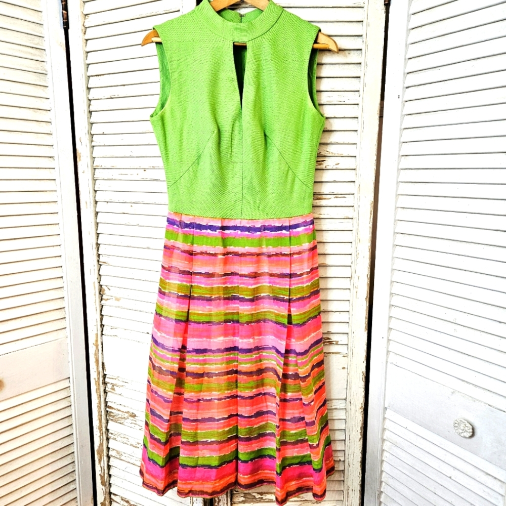 Vintage 1960s Saks 5th Ave Dress Green and Pink Stripes XS/S